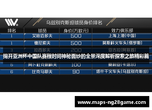 揭开亚洲杯中国队赛程时间神秘面纱的全景深度解析探索之旅精彩篇 揭开亚洲杯中国队赛程时间神秘面纱的全景深度解析探索之旅精彩篇